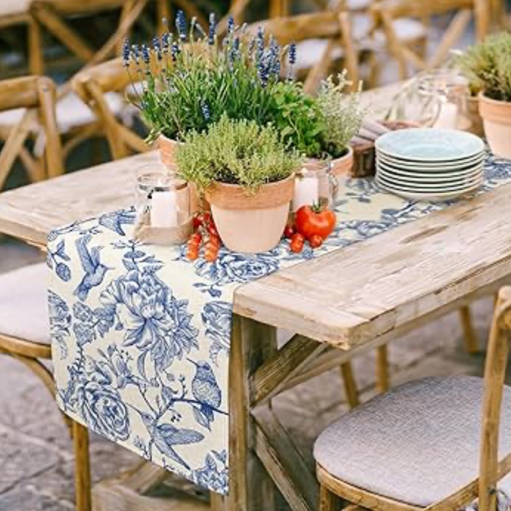 Sur la Table Floral Blue and Cream Cotton Table Runner 84 x 14